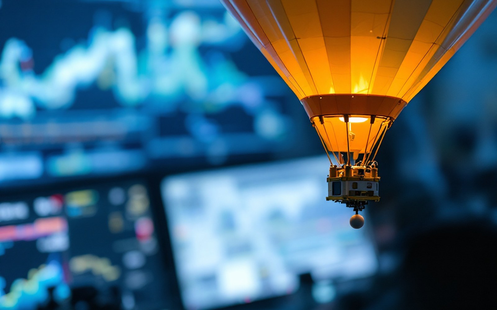 A hot air balloon burner glows orange above blurred financial charts on screens