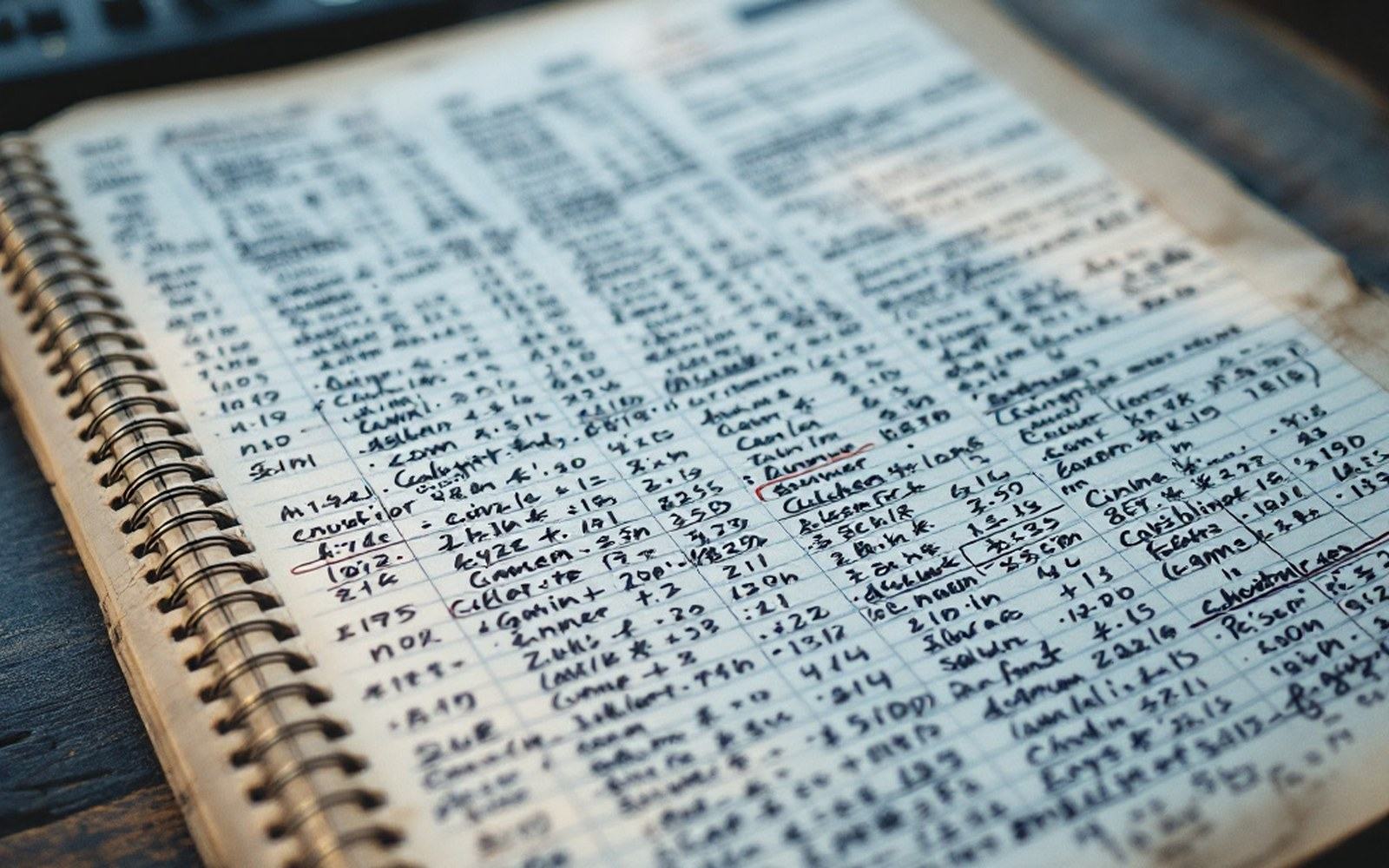 Spiral-bound notebook filled with handwritten columns of numbers and calculations